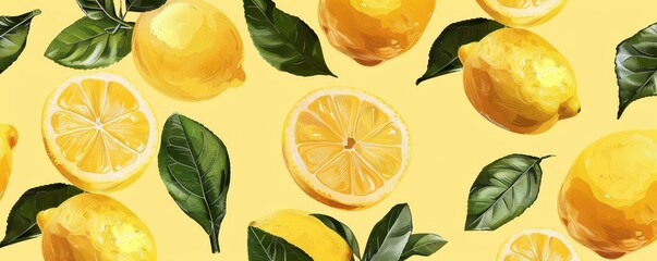 A painting of a bunch of lemons with green leaves. Free copy space for text.