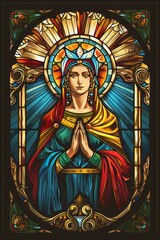 Fototapeta premium Radiant Angel Praying Stained Glass Window in Vibrant Colors