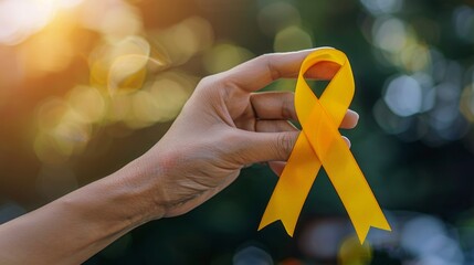 Hand Holding Yellow Awareness Ribbon in Sunlight. Childhood Cancer Awareness Month