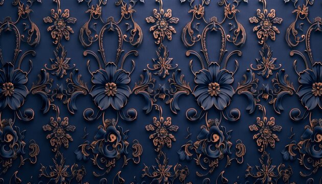 Elegant Floral Embossed Wallpaper Design in Blue and Gold