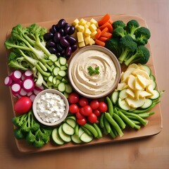 Greek hummus, complemented by an array of crisp vegetables such as broccoli florets, snap peas, and quartered radishes. Accented with salty Kalamata olives and a sprinkling of crumbled feta cheese