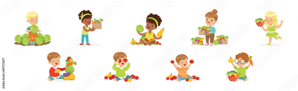 Wall mural happy kid character harvesting ripe vegetables vector set