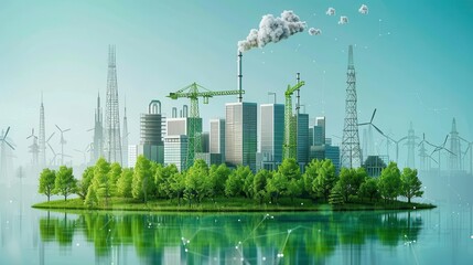 Obraz premium Model of a carbon footprints of building materials, construction carbon impact, sustainable architecture