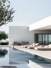 A luxurious poolside retreat, with the blank mockup of the minimalist villa complementing the elegant ambiance.