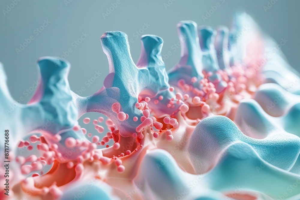 Fototapete abstract 3d rendering of a colorful organic structure with spikes and spheres, showcasing vibrant bl