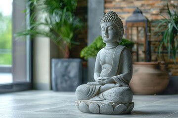 Stone Buddha statue in a peaceful indoor setting, surrounded by lush greenery and soft lighting, creating a tranquil atmosphere