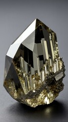 a single pyrite crystal is featured on a pure grey bac background