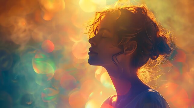 Graceful middleaged woman in contemplation Unique contemplation concept with a fantasy vibrant ethereal colorful approach Conceptual image of thoughtfulness and wisdom With copy sp