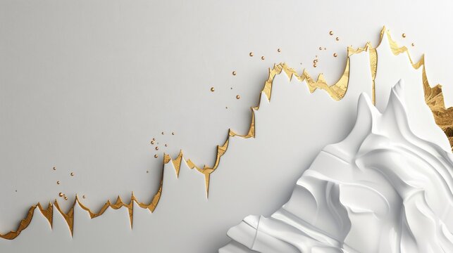 A high-angle photograph with a pure white background, with a golden graph line elegantly placed in the top right corner. The stark white backdrop accentuates the golden line's luster, emphasizing