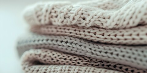 Pile of freshly laundered knitted cottage clothes captured up close. Concept Knitted Clothing, Close-Up Photography, Laundry Day, Cozy Cottage Fashion, Textured Fabrics