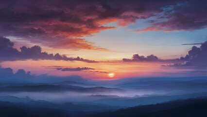 Obraz premium Dreamy sunset over misty hills, vivid gradient of orange, purple, and blue hues, serene and tranquil atmosphere, soft and fluffy clouds, scenic landscape, gentle horizon