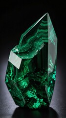 a single malachite crystal is featured on a pure black background