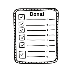 Doodle checklist set. To do, task list with check mark vector illustration. Hand drawn sketch style memo page.
