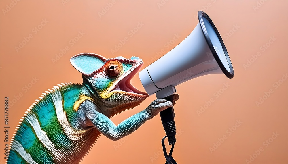 Wall mural creative announcement concept vibrant chameleon appears shouting megaphone solid orange background s