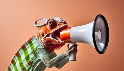 Naklejka premium creative announcement concept vibrant chameleon appears shouting megaphone solid orange background showcasing playful mix wildlife