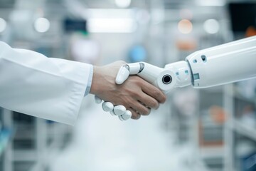 Doctor and robot shake hands in harmony - symbolizing the collaboration between artificial intelligence and medical science.