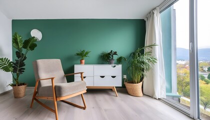 Fototapeta premium minimalist living room green walls furniture featuring modern chair sleek cabinet various potted plants simple elegant interior design