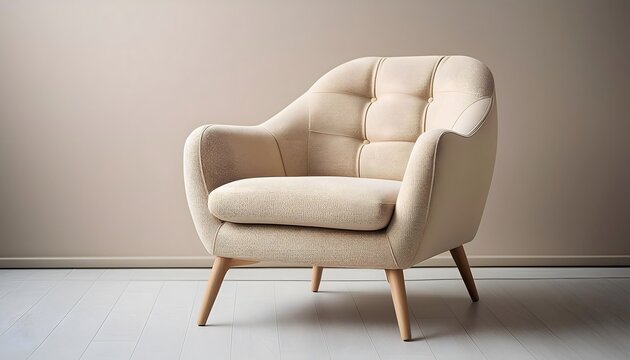 modern beige armchair plush textured fabric set minimalist background unique curved design cozy stylish seating