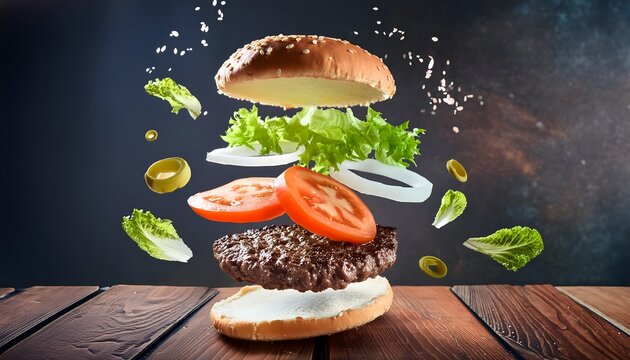 photograph deconstructed burger floating ingredients including sesame bun lettuce tomato cheese patties capturing ingredients