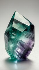 a single fluorite crystal is featured on a pure white background