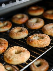 bagels in oven  golden brown and baking