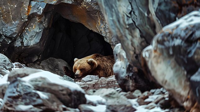 bear hibernating in a cave during winter