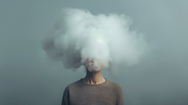 A man with a cloud over his head. Could be a concept for mental health issues illness, brain fog or migraine headaches. Could also be for therapy to help dispel negative thoughts.