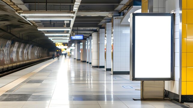 Blank white billboard at railway station, screen poster mockup in metro hallway. Hanging banner for advertising in subway. Concept of frame, background, mock up, design