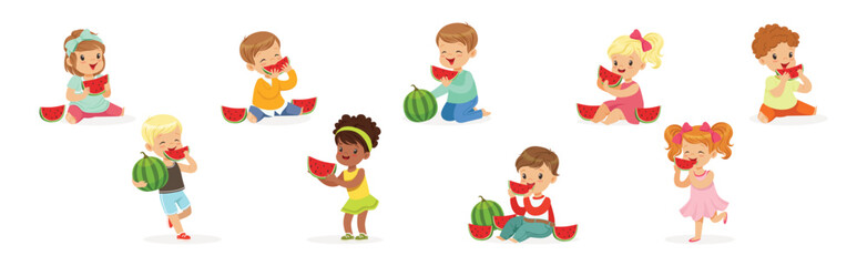 Cute Kid Character Eat Ripe Juicy Watermelon Fruit Vector Set