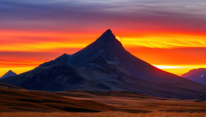 A mountain with a sun setting behind it