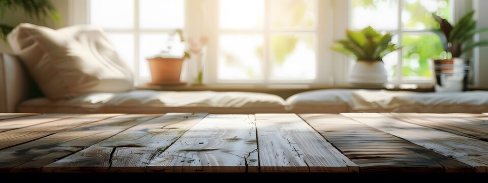 Empty wooden table with living room in the blured background. Copy space. 