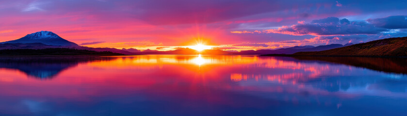 A beautiful sunset over a lake with a mountain in the background