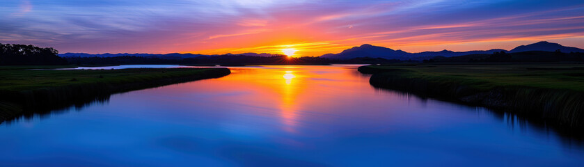 A beautiful sunset over a lake with a reflection of the sun on the water