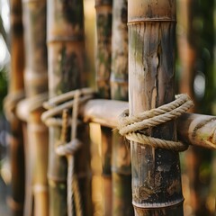 close-up of bamboo poles tied together with rope