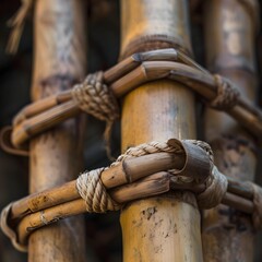 close-up of bamboo poles tied together with rope