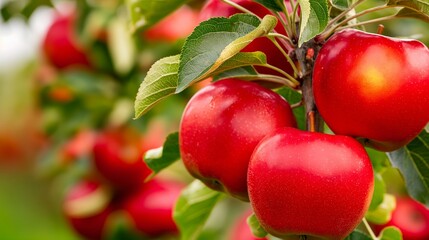 Obraz premium Three red apples hanging from a tree. The apples are ripe and ready to be picked. The tree is lush and green, providing a healthy environment for the apples to grow