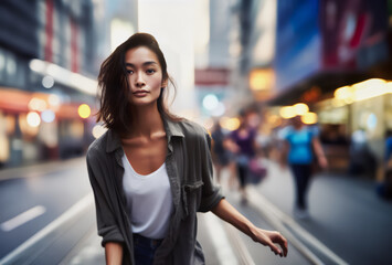 young cheerful asian woman in the city streets after sunset town lights are on