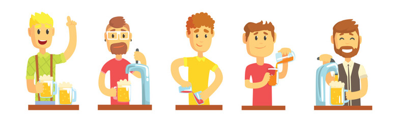 Man Bartender Character Pouring and Serving Alcoholic Drink at Counter Vector Set