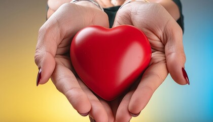 Obraz premium heart in the palms of the hands on a gradient background, red shiny heart , generated by AI. High quality photo