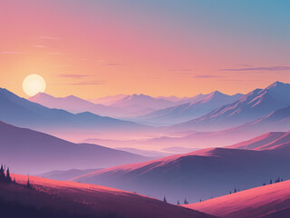Minimalist landscape, pastel colors, abstract sunset, serene mountains, gradient sky
