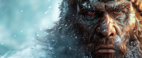 close-up portrait of an Neanderthal man, detailed facial features, snowy landscape background, snowflakes falling around him. With copy space.