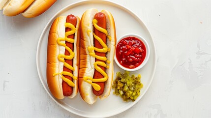 Hot dog with mustard in a plate, top view.
