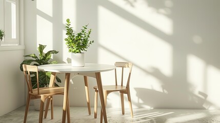 A fresh, modern dining area with a sleek white table, simple wooden chairs, and a single green plant as a centerpiece, bathed in natural light.