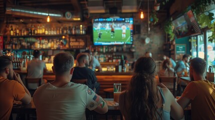 Fans in a bar drink alcohol and watch a football match on TV.