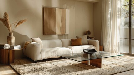 A minimalist living room with a neutral-colored sofa, a clear glass coffee table, and a single piece of abstract art on the wall, creating a clean and uncluttered space.