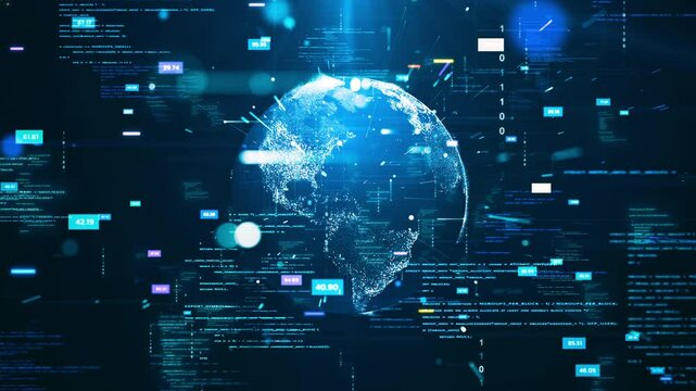 Digital technology concept with Earth surrounded by data streams and abstract binary codes. Global network communication on dark blue background. - Powered by Adobe