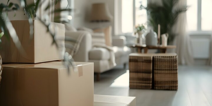 Organized Chaos Living Room Filled with Moving Boxes and Packaging Materials. Concept Home Organization, Moving Tips, Decluttering, Packing Supplies