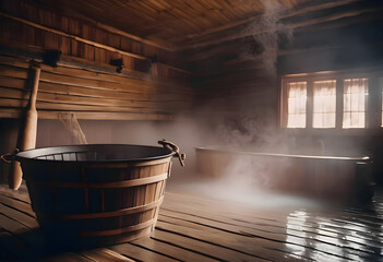 Interior of a wooden sauna with hot steam coming out of bathtub. Wooden tub and natural wood for health treatments