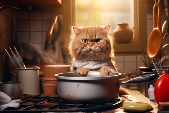A ginger cat with a pot after cooking in the kitchen.