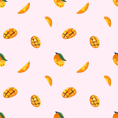 Mango seamless pattern. Abstract exotic tropical fresh fruit. Healthy juice. Botanical element. Decor textile, wrapping paper, wallpaper design. Print fabric, vector cartoon minimalistic illustration